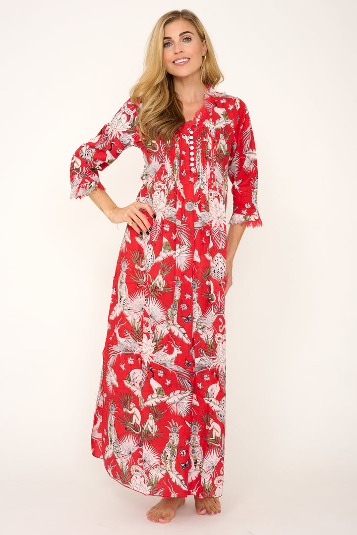 Cotton Annabel Maxi Dress in Red Tropical
