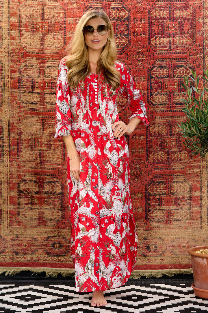 Cotton Annabel Maxi Dress in Red Tropical