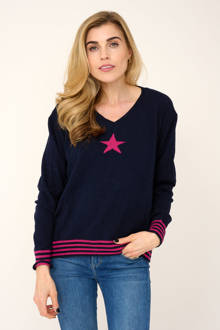 Cashmere Mix Sweater in Navy with Pink Star & Stripes