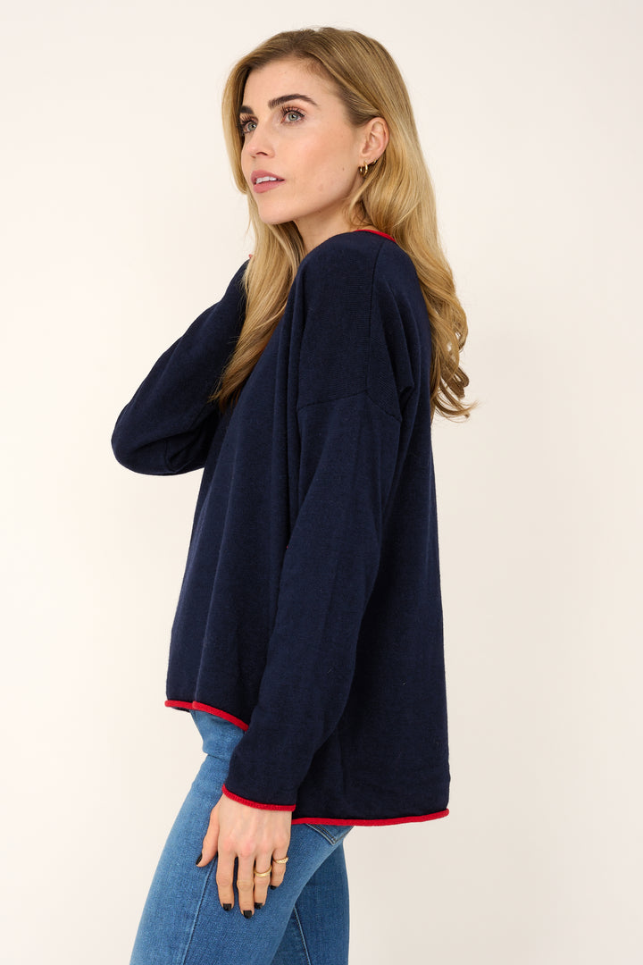Cashmere Mix Sweater in Navy with Red V-Neck & Star