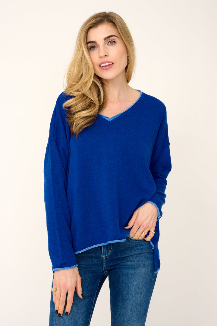 Cashmere Mix Sweater in Royal Blue with Light Blue V-Neck & Star