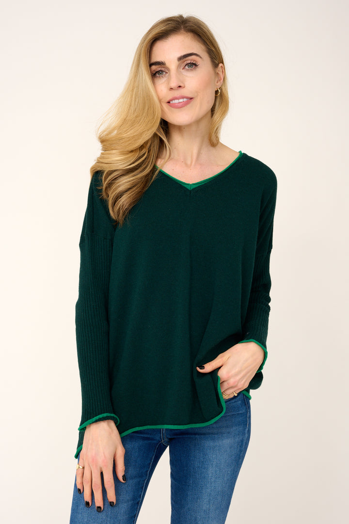 Cashmere Mix Sweater in Forest Green with Green V-Neck