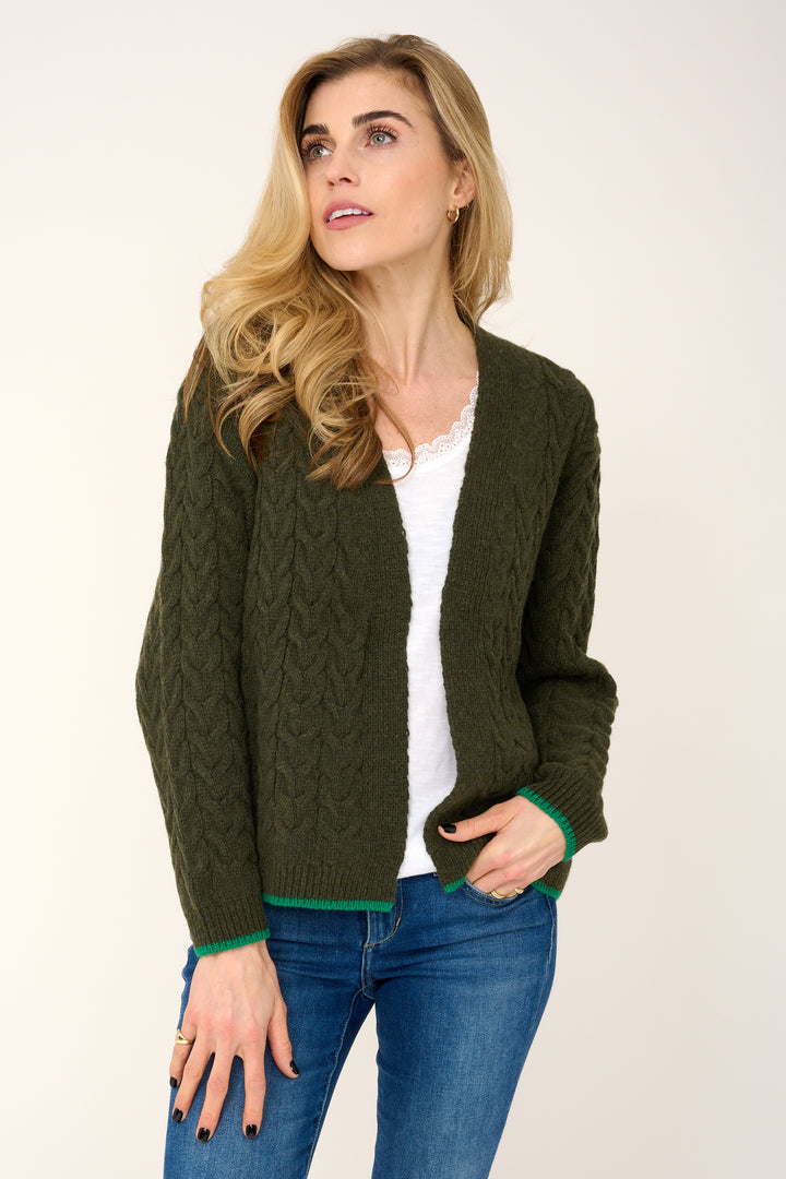 Cashmere Mix Double Ply Cable Knitted Cardigan Olive