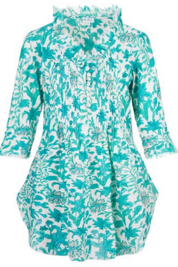 Sophie Cotton Shirt in White with Turquoise Flower