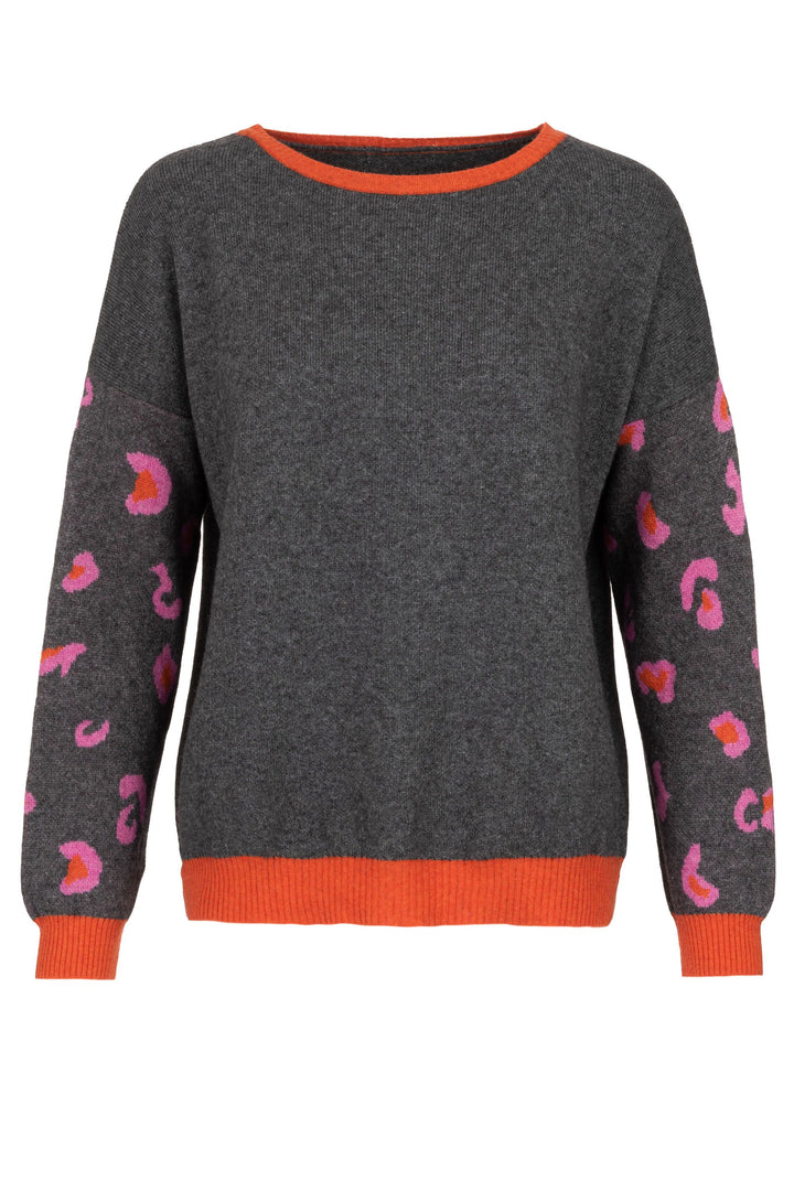 4 Ply Cashmere Mix Sweatshirt in Charcoal & Orange Leopard